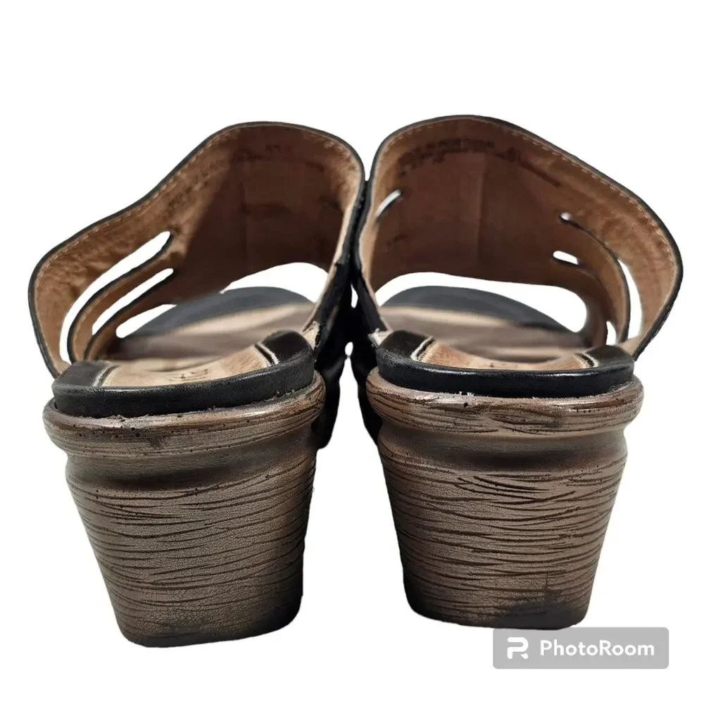 Sanita Nina Black Leather Peekaboo Slides Block Heel EU 40; US 9